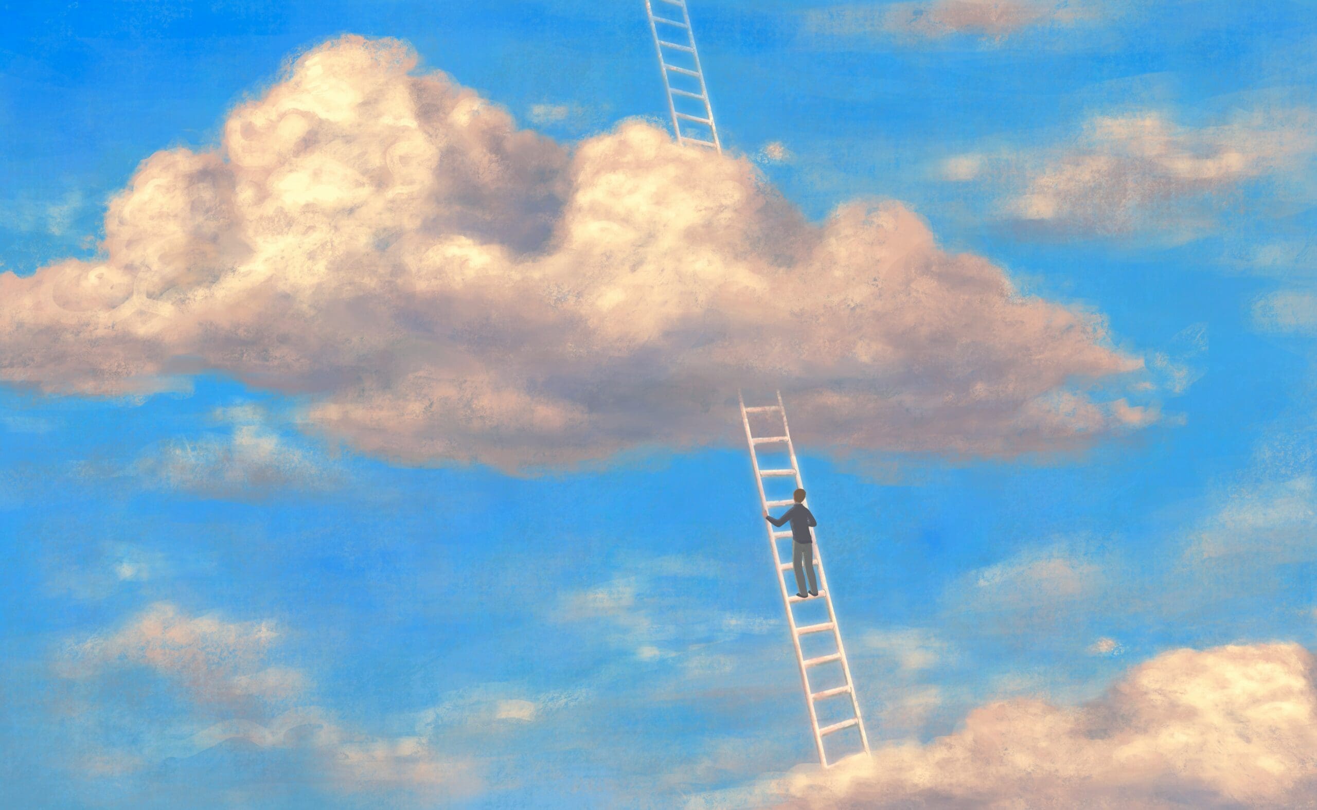 imaginary person walking up a ladder into a cloud