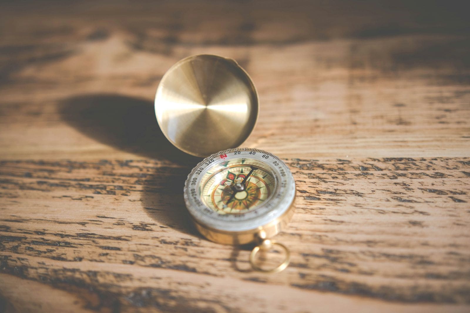 A bronze compass on a wooden table